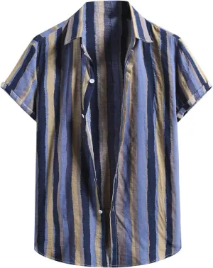 Men's Casual Color Striped Button Down Shirt Lightweight Short Sleeve Henley Dress Shirt Regular Fit Summer Beach Top