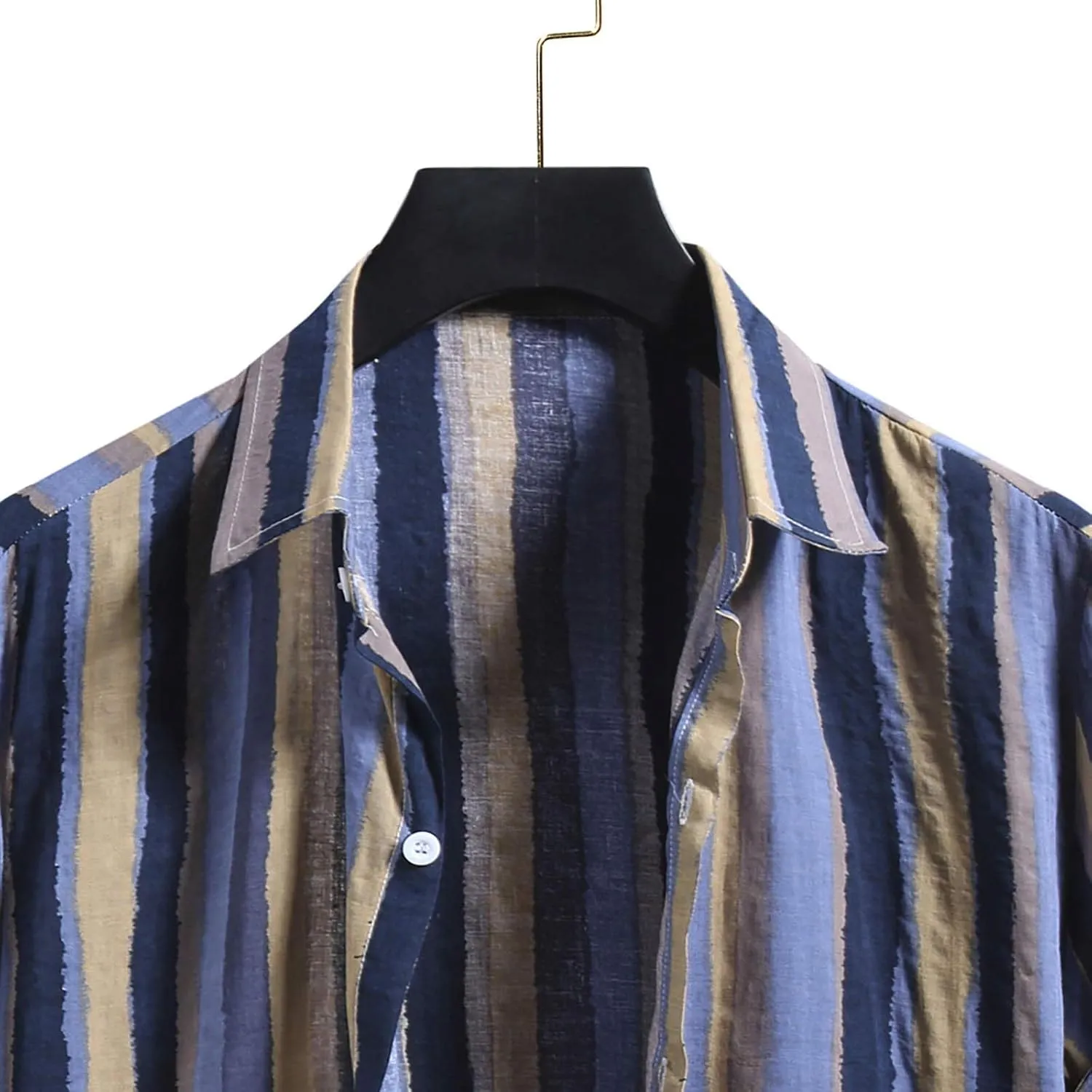 Men's Casual Color Striped Button Down Shirt Lightweight Short Sleeve Henley Dress Shirt Regular Fit Summer Beach Top