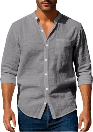 Mens Casual Cotton Linen Long Sleeve Banded Collar T Shirts Summer Plain Button Down Beach Vacation Tops with Pocket