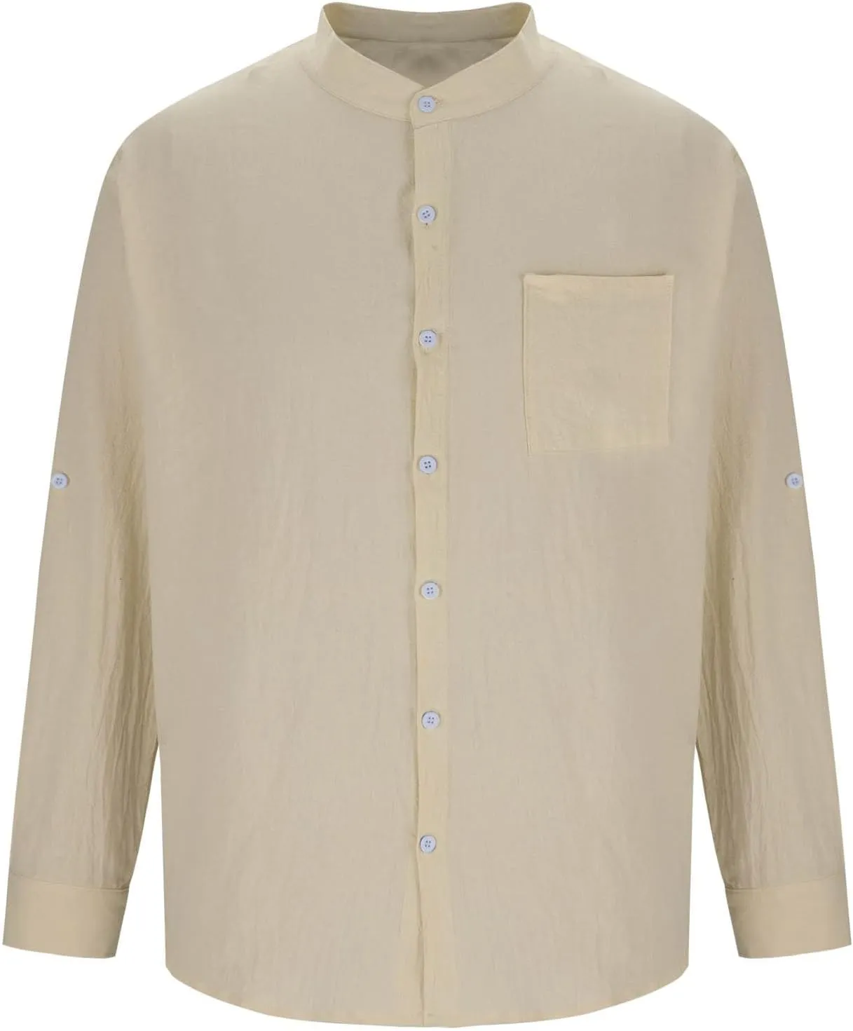 Mens Casual Cotton Linen Long Sleeve Banded Collar T Shirts Summer Plain Button Down Beach Vacation Tops with Pocket
