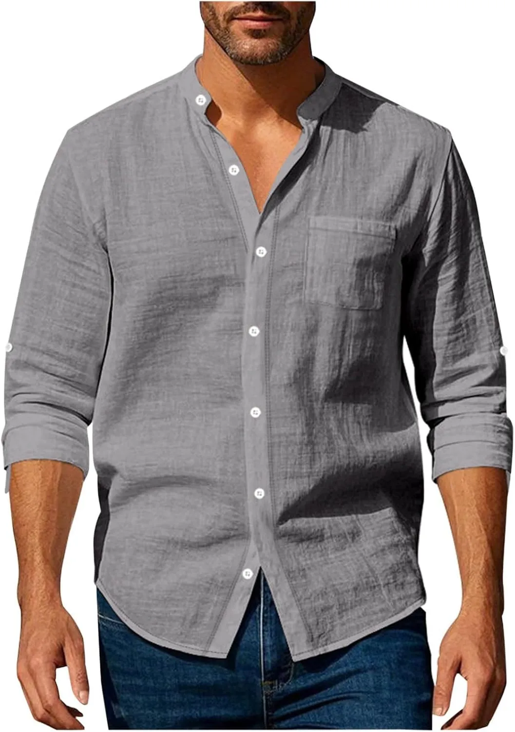 Mens Casual Cotton Linen Long Sleeve Banded Collar T Shirts Summer Plain Button Down Beach Vacation Tops with Pocket