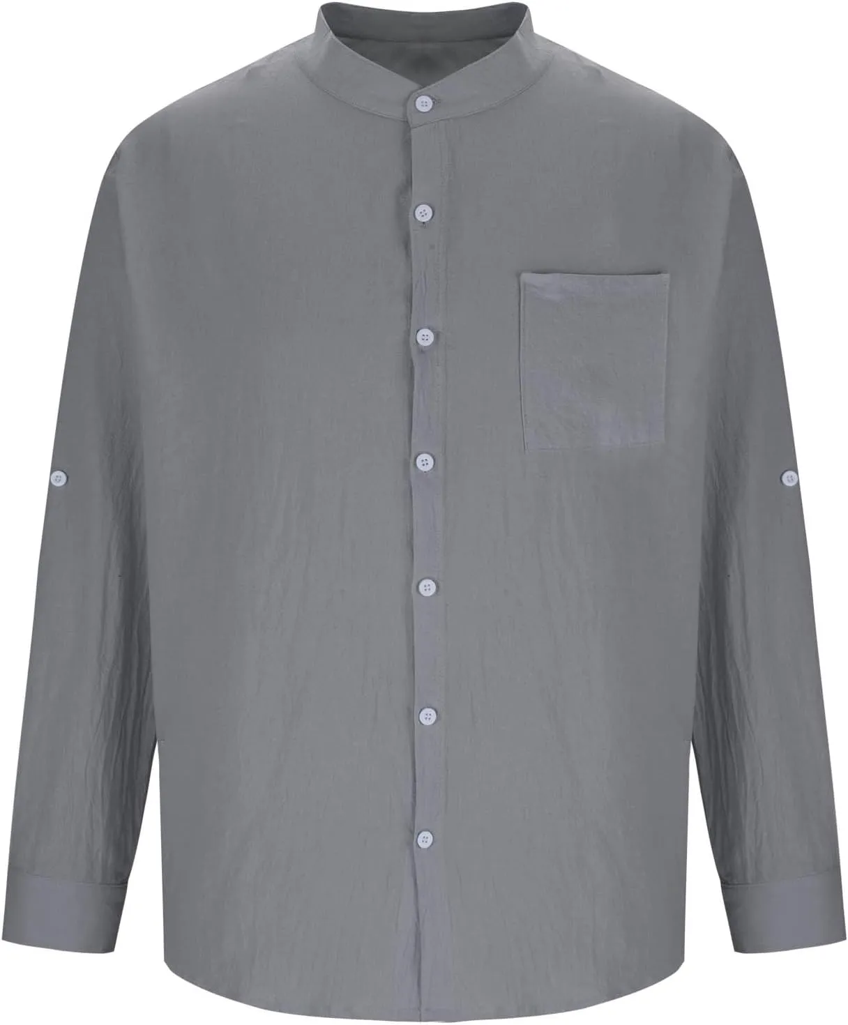 Mens Casual Cotton Linen Long Sleeve Banded Collar T Shirts Summer Plain Button Down Beach Vacation Tops with Pocket