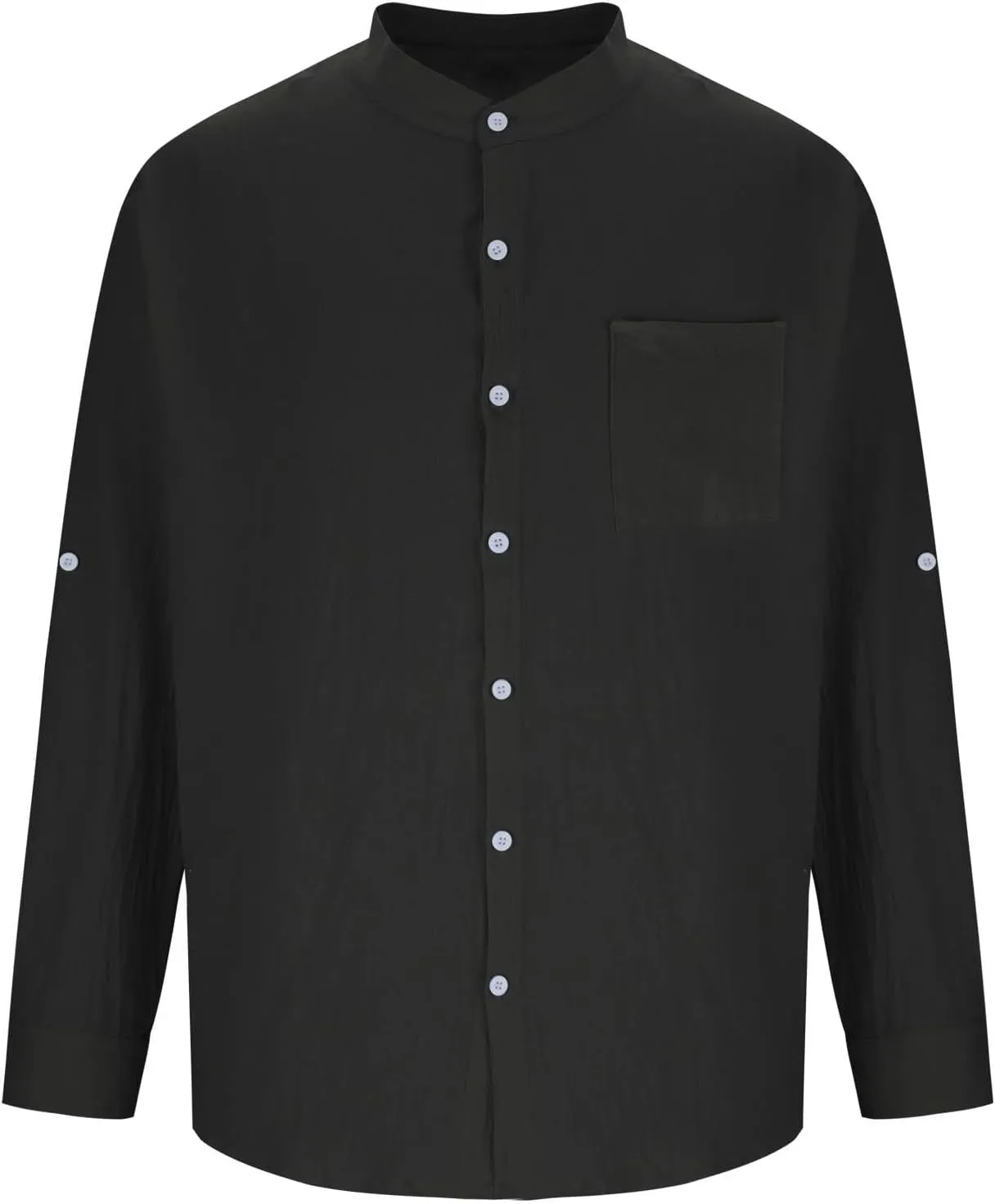 Mens Casual Cotton Linen Long Sleeve Banded Collar T Shirts Summer Plain Button Down Beach Vacation Tops with Pocket