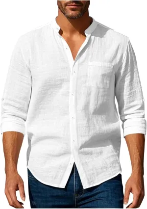 Mens Casual Cotton Linen Long Sleeve Banded Collar T Shirts Summer Plain Button Down Beach Vacation Tops with Pocket