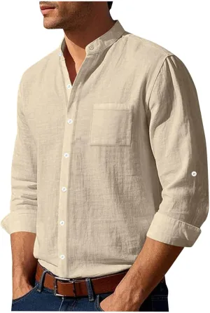 Mens Casual Cotton Linen Long Sleeve Banded Collar T Shirts Summer Plain Button Down Beach Vacation Tops with Pocket