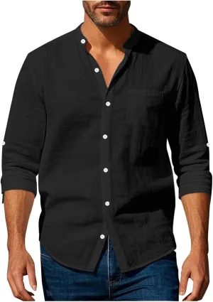 Mens Casual Cotton Linen Long Sleeve Banded Collar T Shirts Summer Plain Button Down Beach Vacation Tops with Pocket