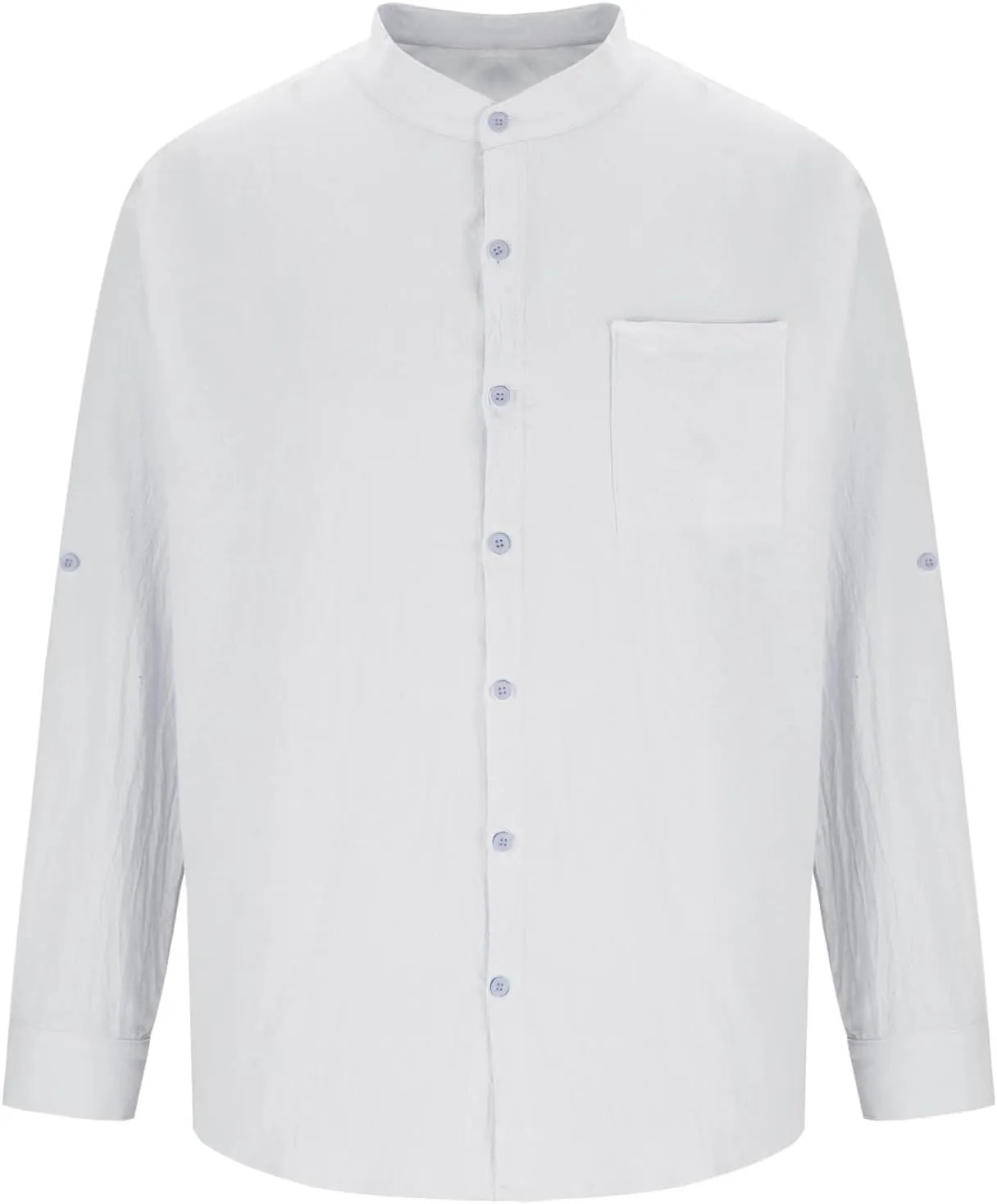 Mens Casual Cotton Linen Long Sleeve Banded Collar T Shirts Summer Plain Button Down Beach Vacation Tops with Pocket