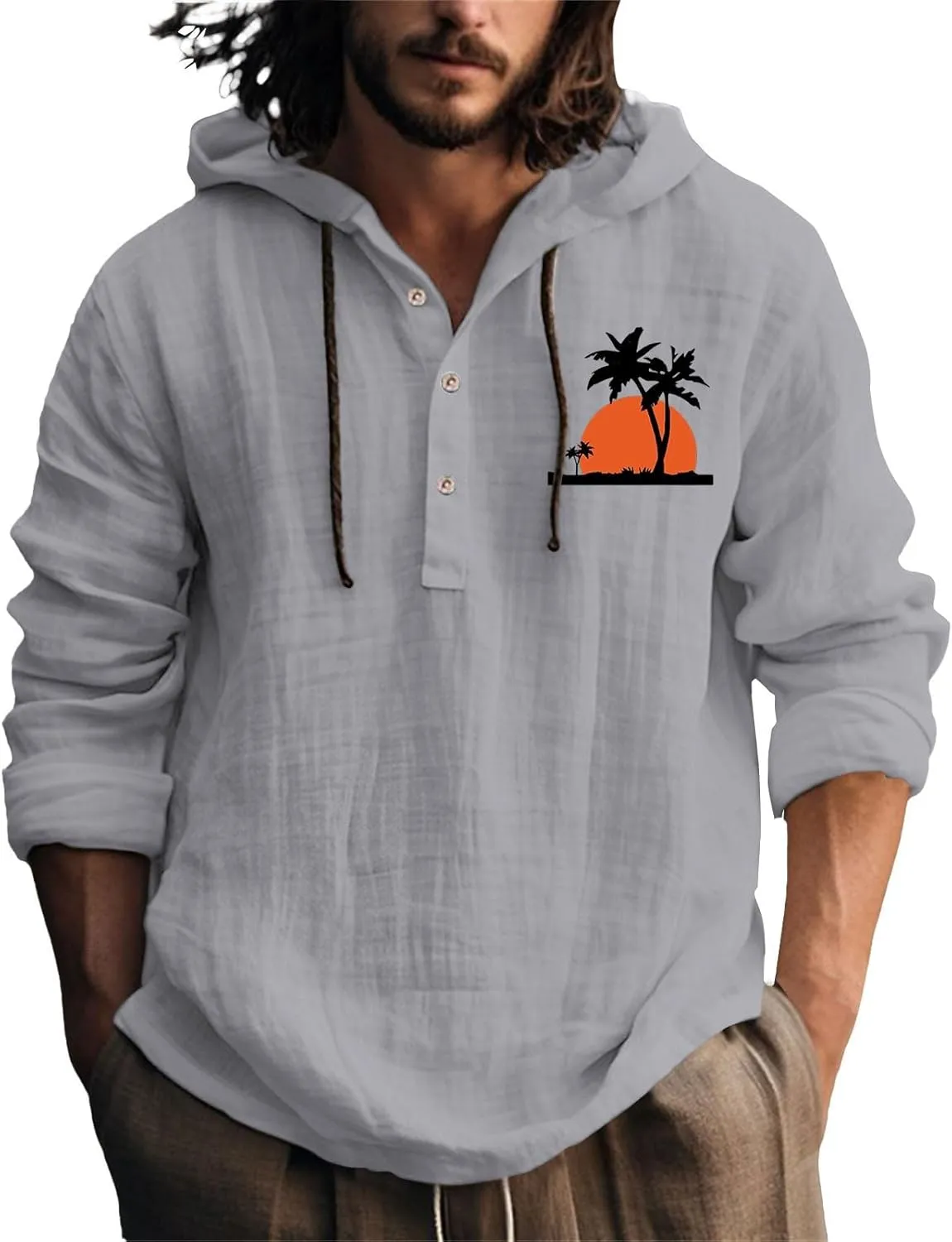 Men's Casual Cotton Linen Shirts Long Sleeve Hawaiian Plain Beach Travel T-Shirts Fashion Summer Outdoor Yoga Tops