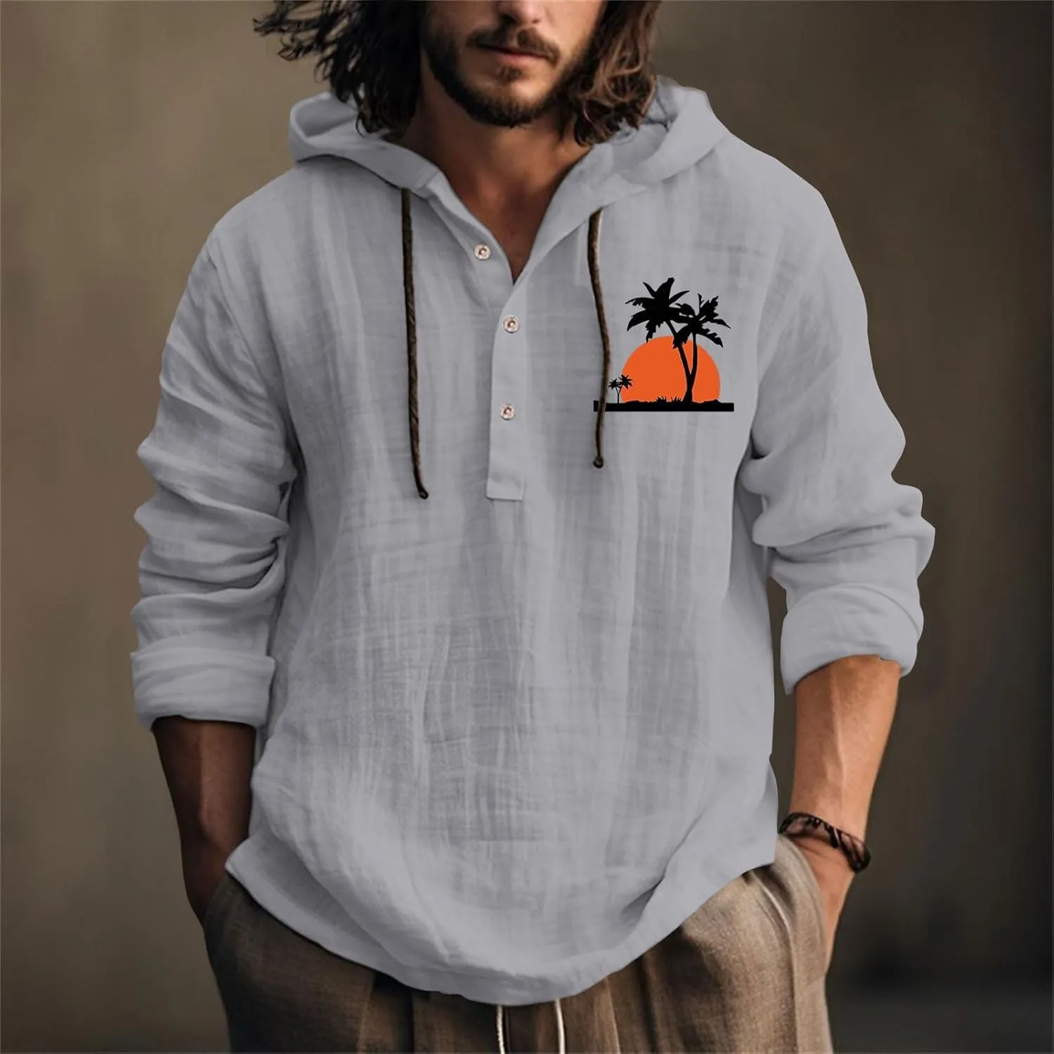 Men's Casual Cotton Linen Shirts Long Sleeve Hawaiian Plain Beach Travel T-Shirts Fashion Summer Outdoor Yoga Tops