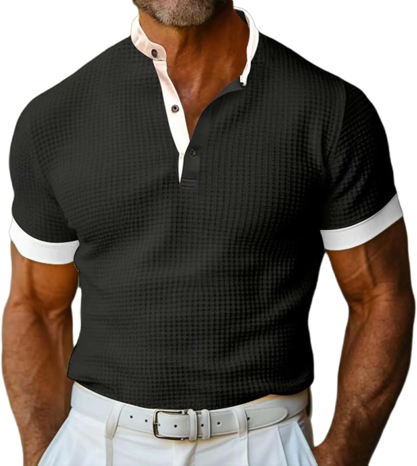Men's Casual Henley Shirts Long Sleeve Banded Collar Waffle Knit Shirt Muscle Fit Quick Dry Stretch Polo Sweatshirt
