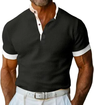 Men's Casual Henley Shirts Long Sleeve Banded Collar Waffle Knit Shirt Muscle Fit Quick Dry Stretch Polo Sweatshirt