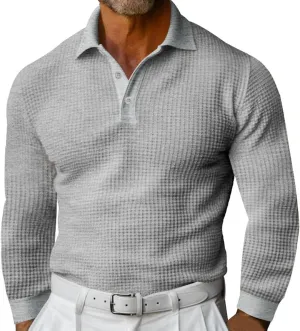 Men's Casual Henley Shirts Long Sleeve Banded Collar Waffle Knit Shirt Muscle Fit Quick Dry Stretch Polo Sweatshirt