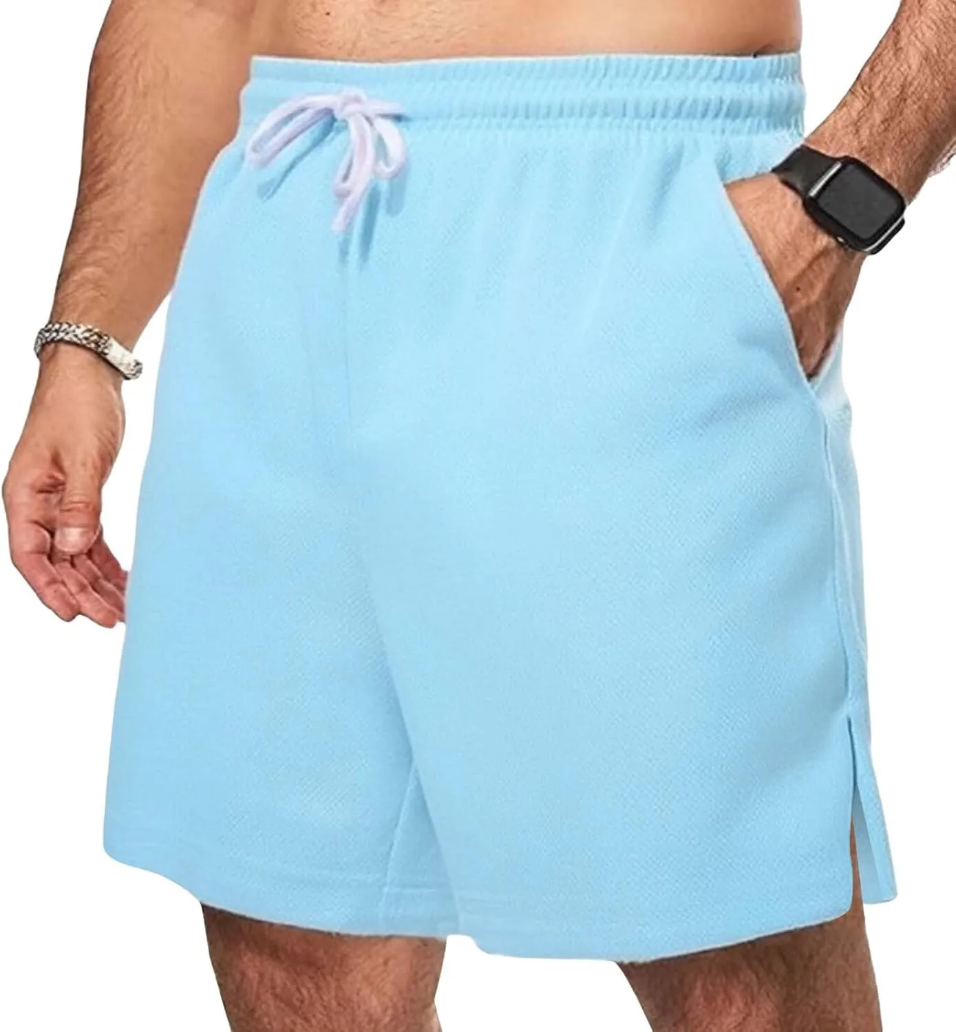 Men's Casual Ice Silk Shorts Cotton Elastic Waist Drawstring Quick Dry Basketball Running Short Lightweight