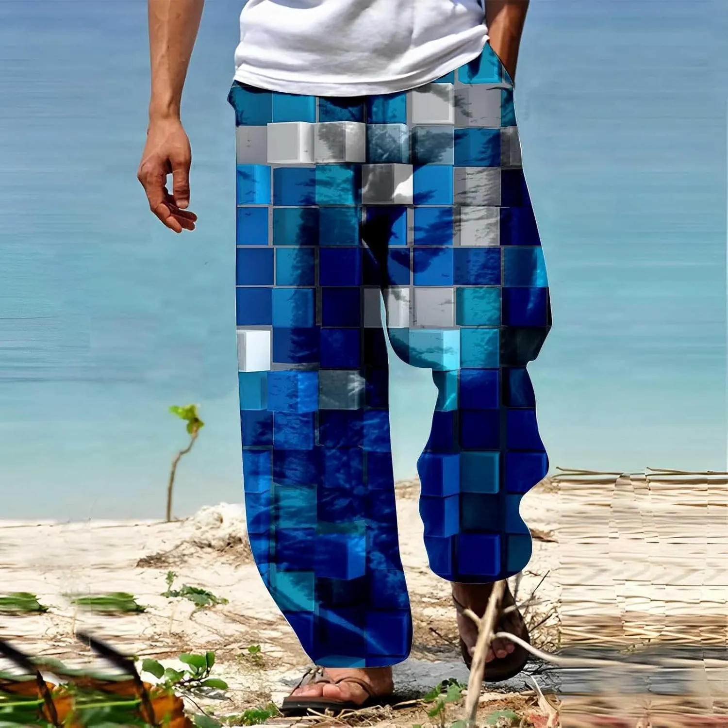 Mens Casual Linen Beach Pants Summer Fashion Jogger Yoga Linen Pants Loose Fit Relaxed Elastic Drawstring Waist