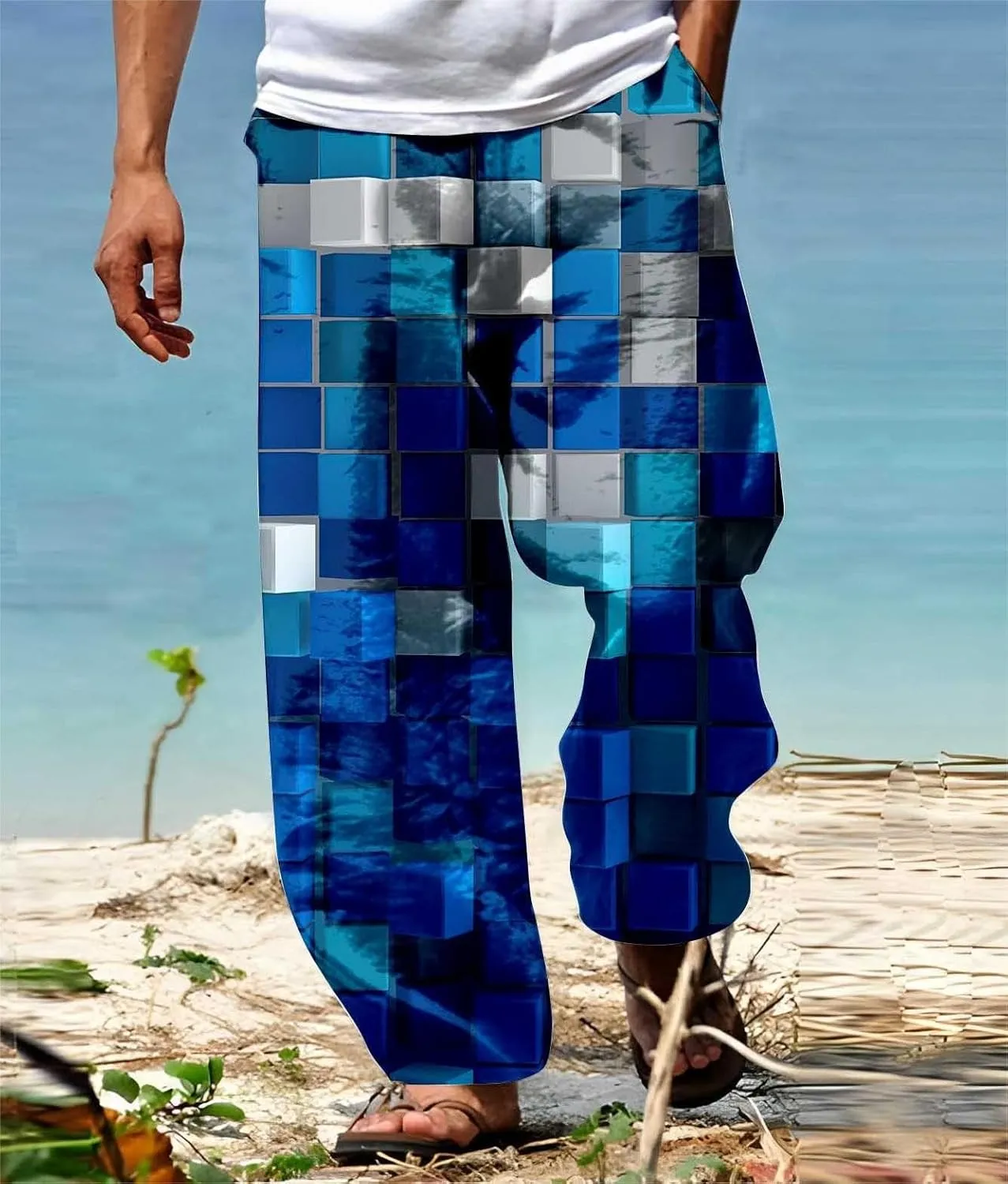Mens Casual Linen Beach Pants Summer Fashion Jogger Yoga Linen Pants Loose Fit Relaxed Elastic Drawstring Waist