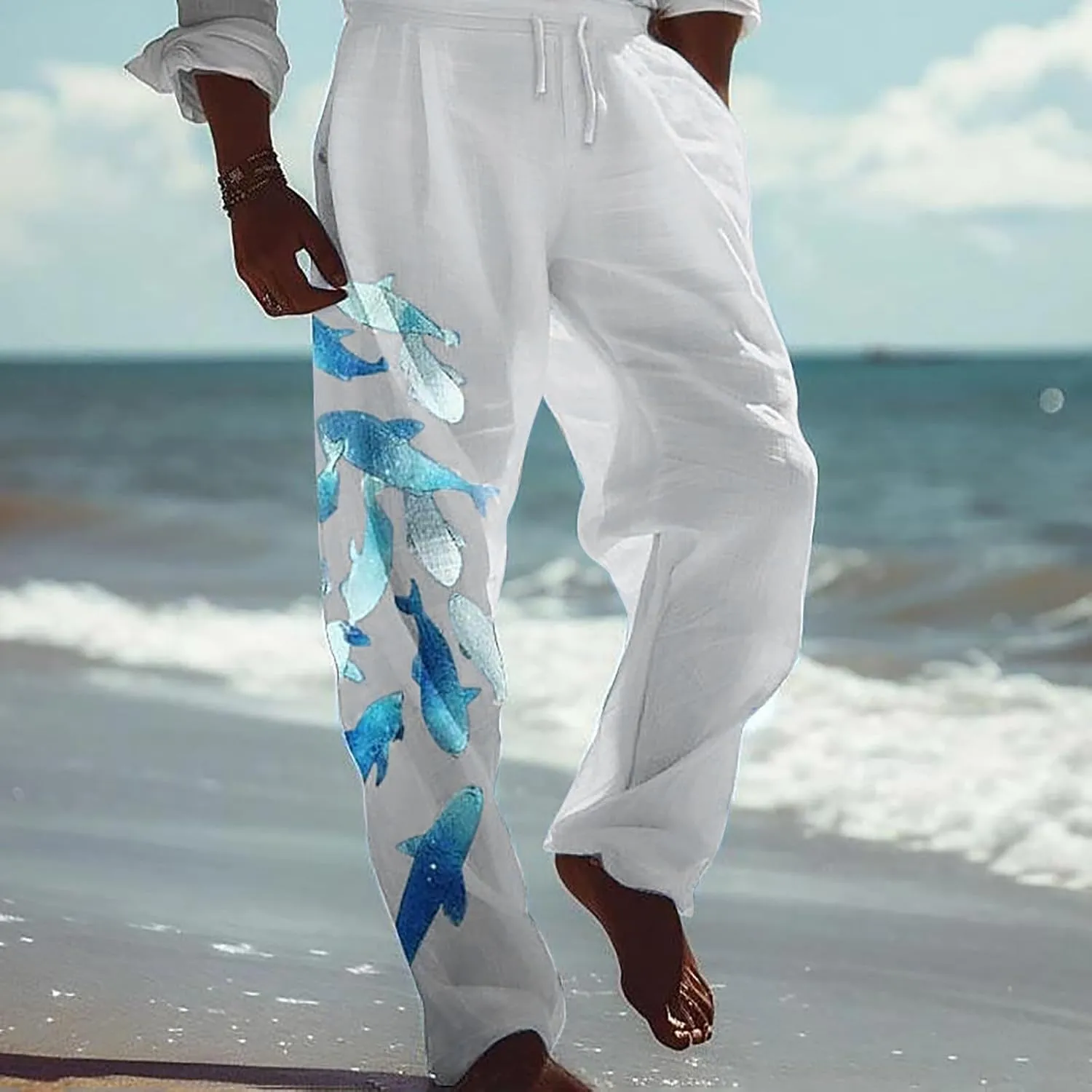 Men's Casual Linen Pants Elastic Waist Drawstring Print Summer Long Fit Linen Beach Pants Lightweight Baggy Trousers