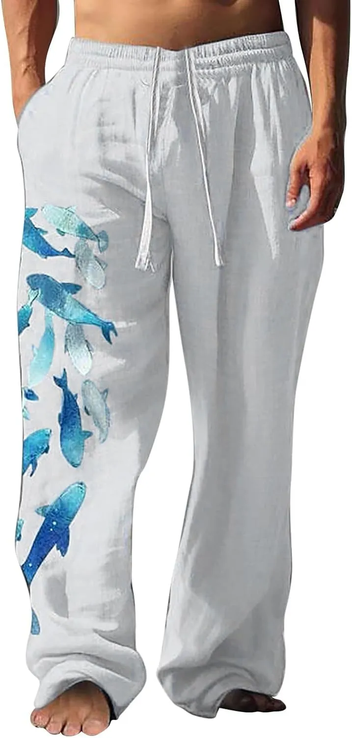 Men's Casual Linen Pants Elastic Waist Drawstring Print Summer Long Fit Linen Beach Pants Lightweight Baggy Trousers