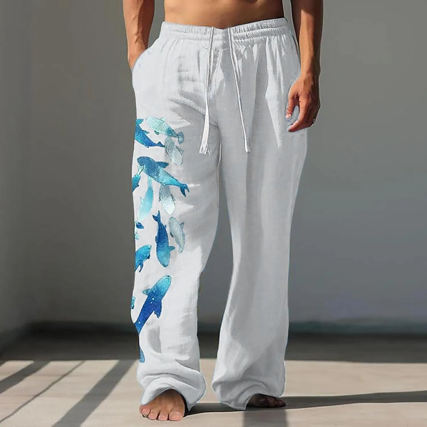 Men's Casual Linen Pants Elastic Waist Drawstring Print Summer Long Fit Linen Beach Pants Lightweight Baggy Trousers