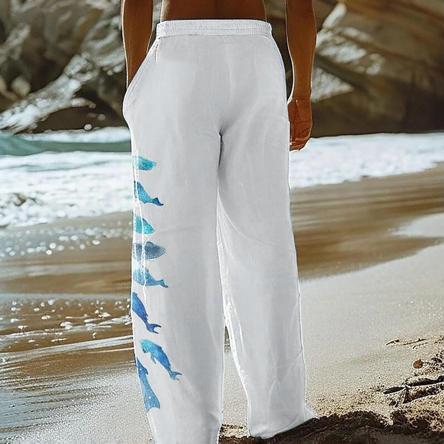 Men's Casual Linen Pants Elastic Waist Drawstring Print Summer Long Fit Linen Beach Pants Lightweight Baggy Trousers