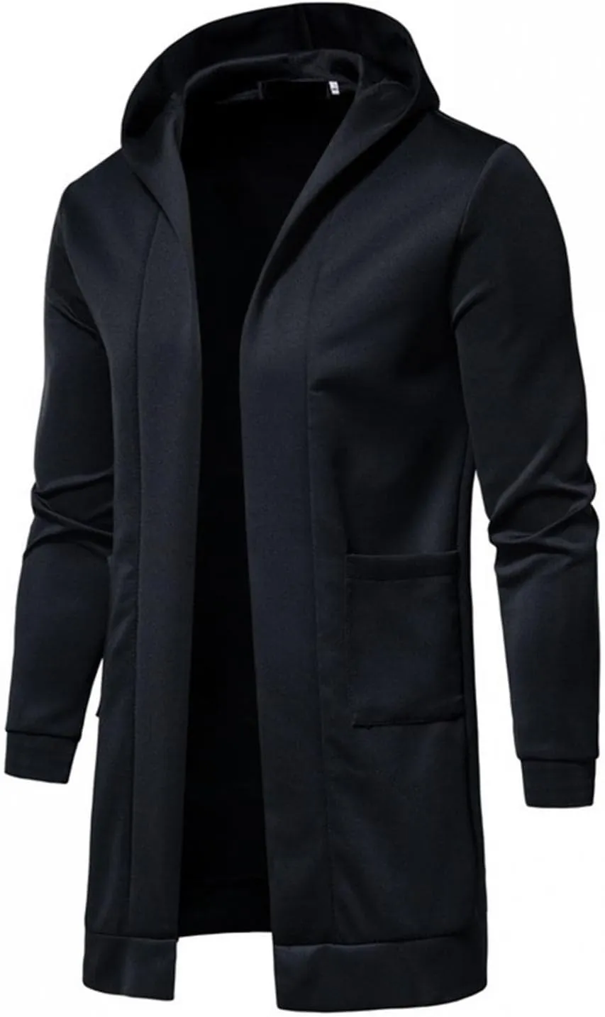 Mens Casual Long Cardigan Jacket Slim Fit Open Front Draped Lightweight Longline Hooded Sweater Coat with Pockets