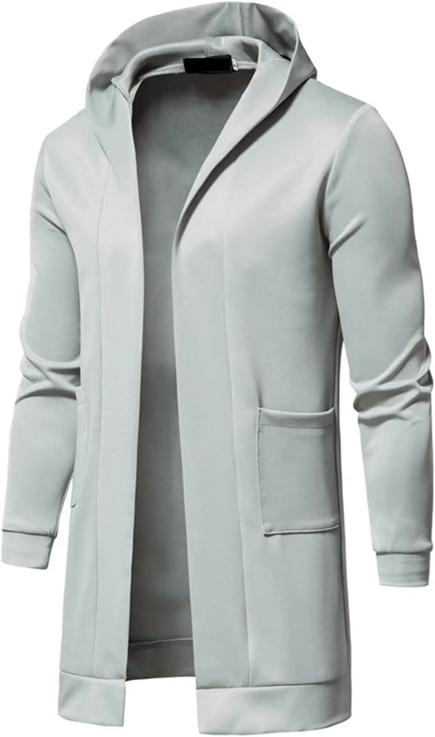 Mens Casual Long Cardigan Jacket Slim Fit Open Front Draped Lightweight Longline Hooded Sweater Coat with Pockets