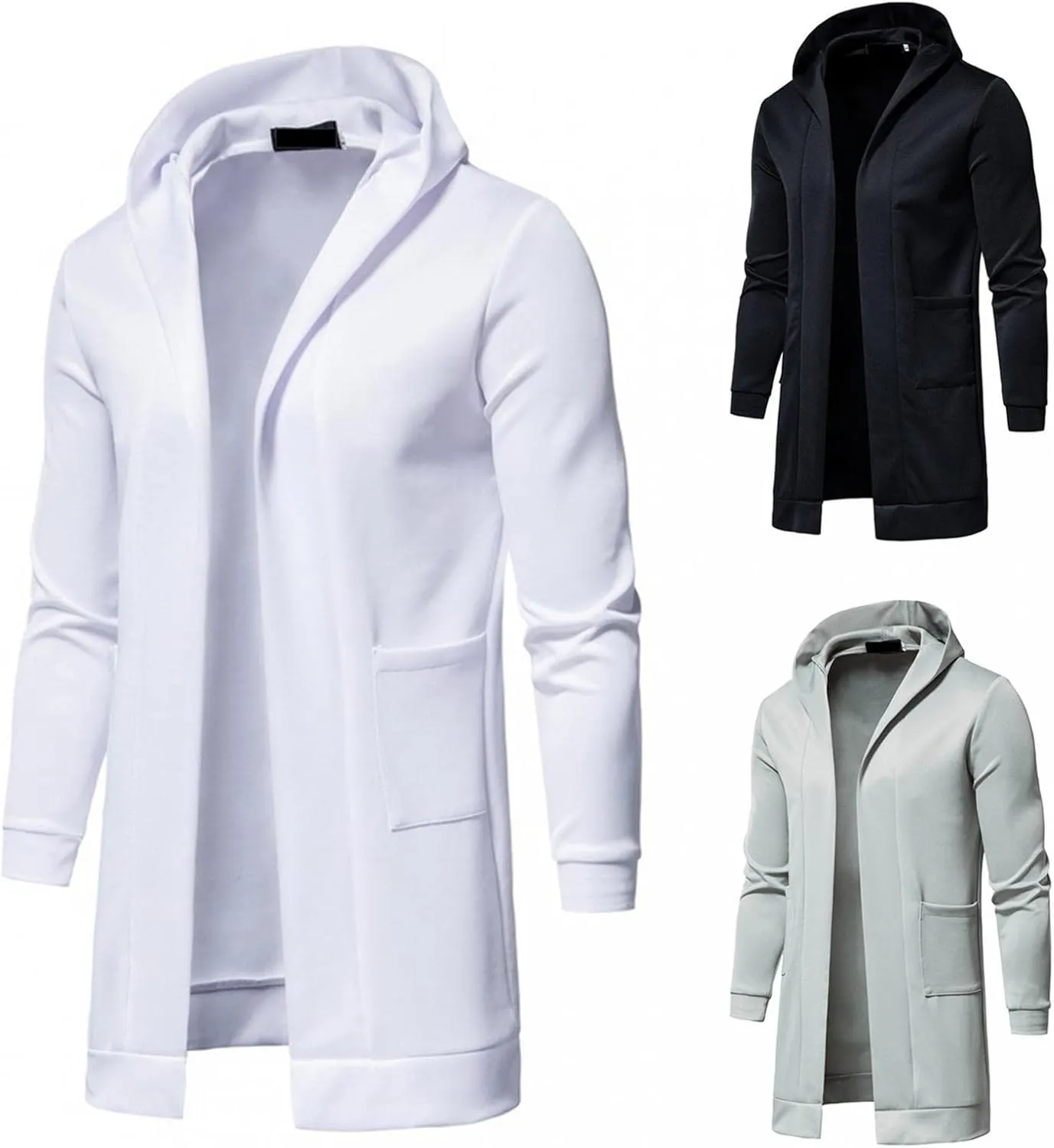 Mens Casual Long Cardigan Jacket Slim Fit Open Front Draped Lightweight Longline Hooded Sweater Coat with Pockets