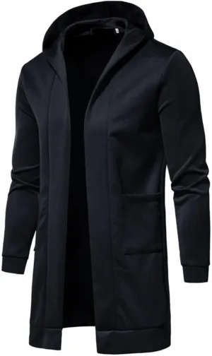 Mens Casual Long Cardigan Jacket Slim Fit Open Front Draped Lightweight Longline Hooded Sweater Coat with Pockets