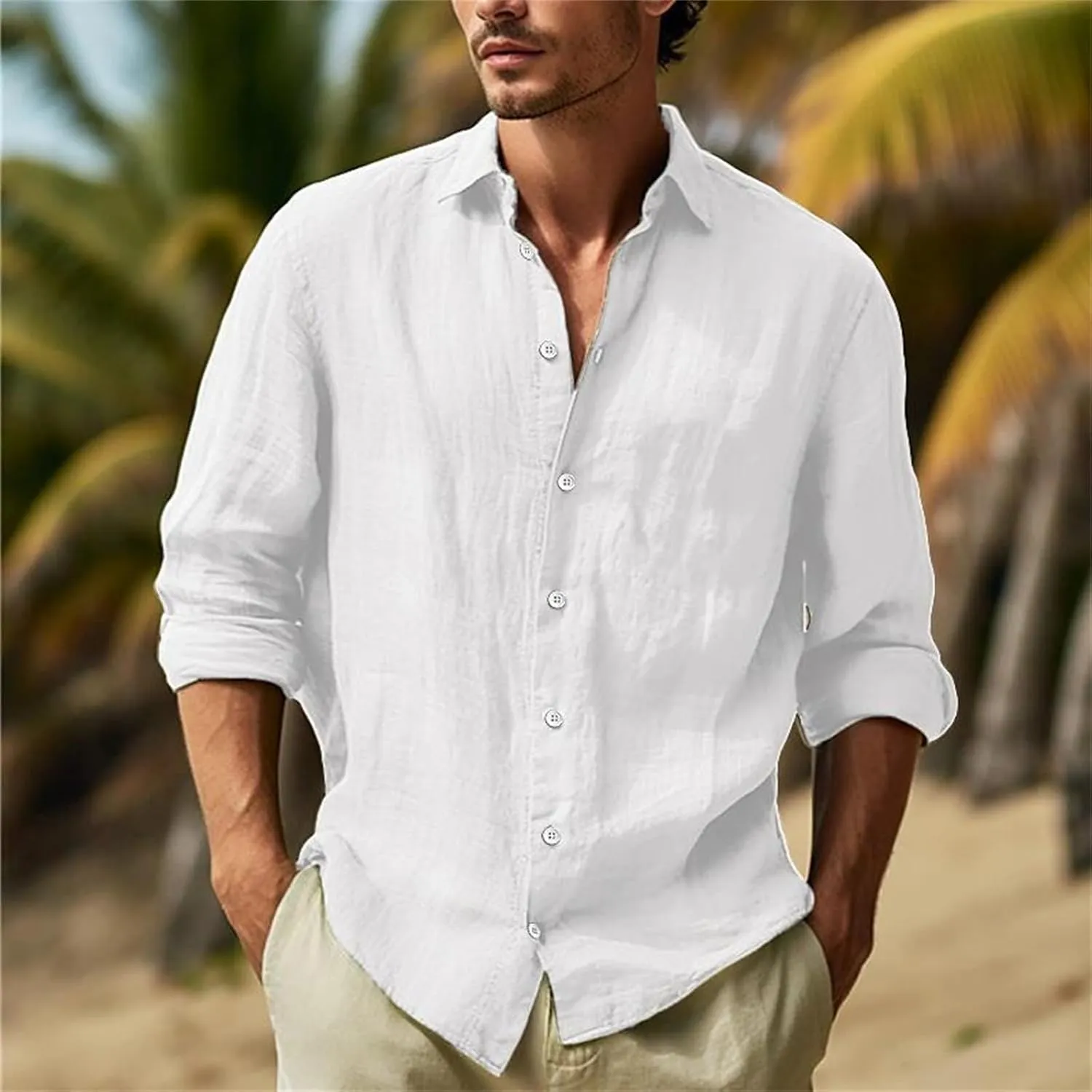 Mens Casual Long Sleeve Cotton Linen Shirts Summer Yoga Tops Regular Fit Plain Holiday Beach Party Button Down Shirts