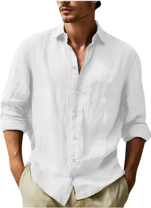 Mens Casual Long Sleeve Cotton Linen Shirts Summer Yoga Tops Regular Fit Plain Holiday Beach Party Button Down Shirts