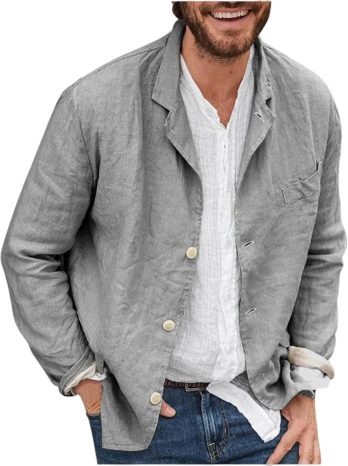 Men's Casual Suit Blazer Jackets Lightweight Linen Notched Collar Tailored Cardigan Tops Single-Breasted Sports Coats