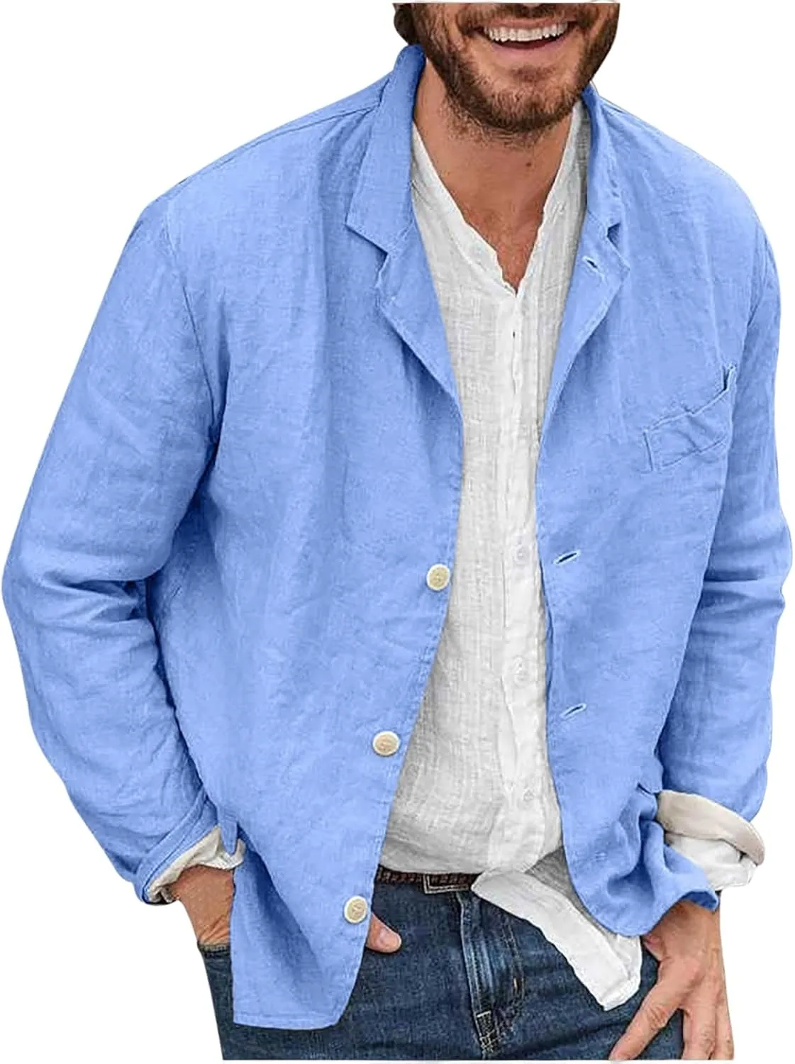 Men's Casual Suit Blazer Jackets Lightweight Linen Notched Collar Tailored Cardigan Tops Single-Breasted Sports Coats