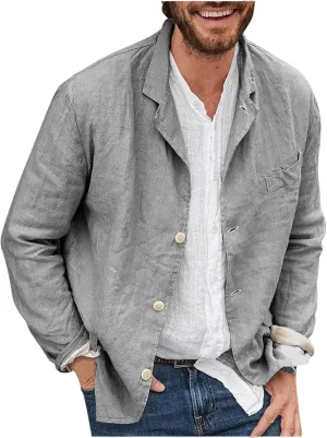 Men's Casual Suit Blazer Jackets Lightweight Linen Notched Collar Tailored Cardigan Tops Single-Breasted Sports Coats