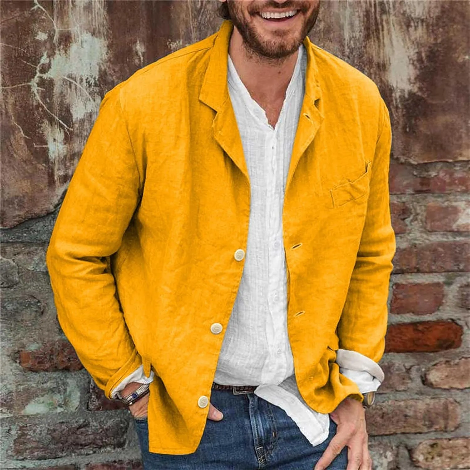 Men's Casual Suit Blazer Jackets Lightweight Linen Notched Collar Tailored Cardigan Tops Single-Breasted Sports Coats