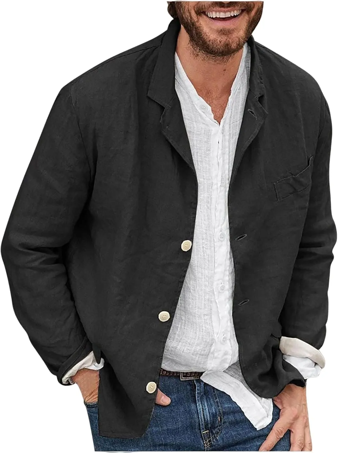 Men's Casual Suit Blazer Jackets Lightweight Linen Notched Collar Tailored Cardigan Tops Single-Breasted Sports Coats
