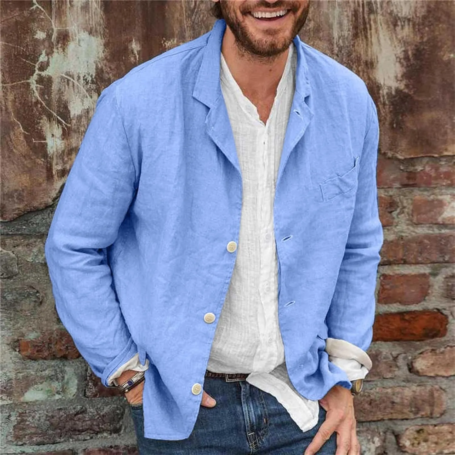 Men's Casual Suit Blazer Jackets Lightweight Linen Notched Collar Tailored Cardigan Tops Single-Breasted Sports Coats