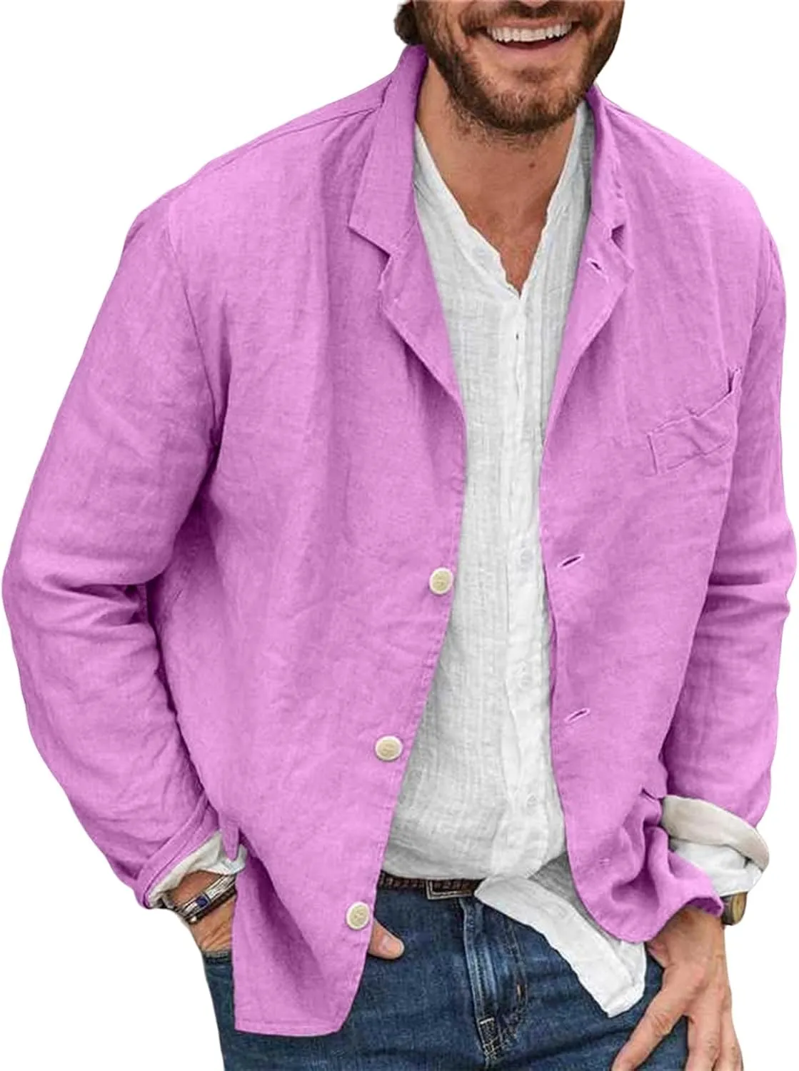 Men's Casual Suit Blazer Jackets Lightweight Linen Notched Collar Tailored Cardigan Tops Single-Breasted Sports Coats