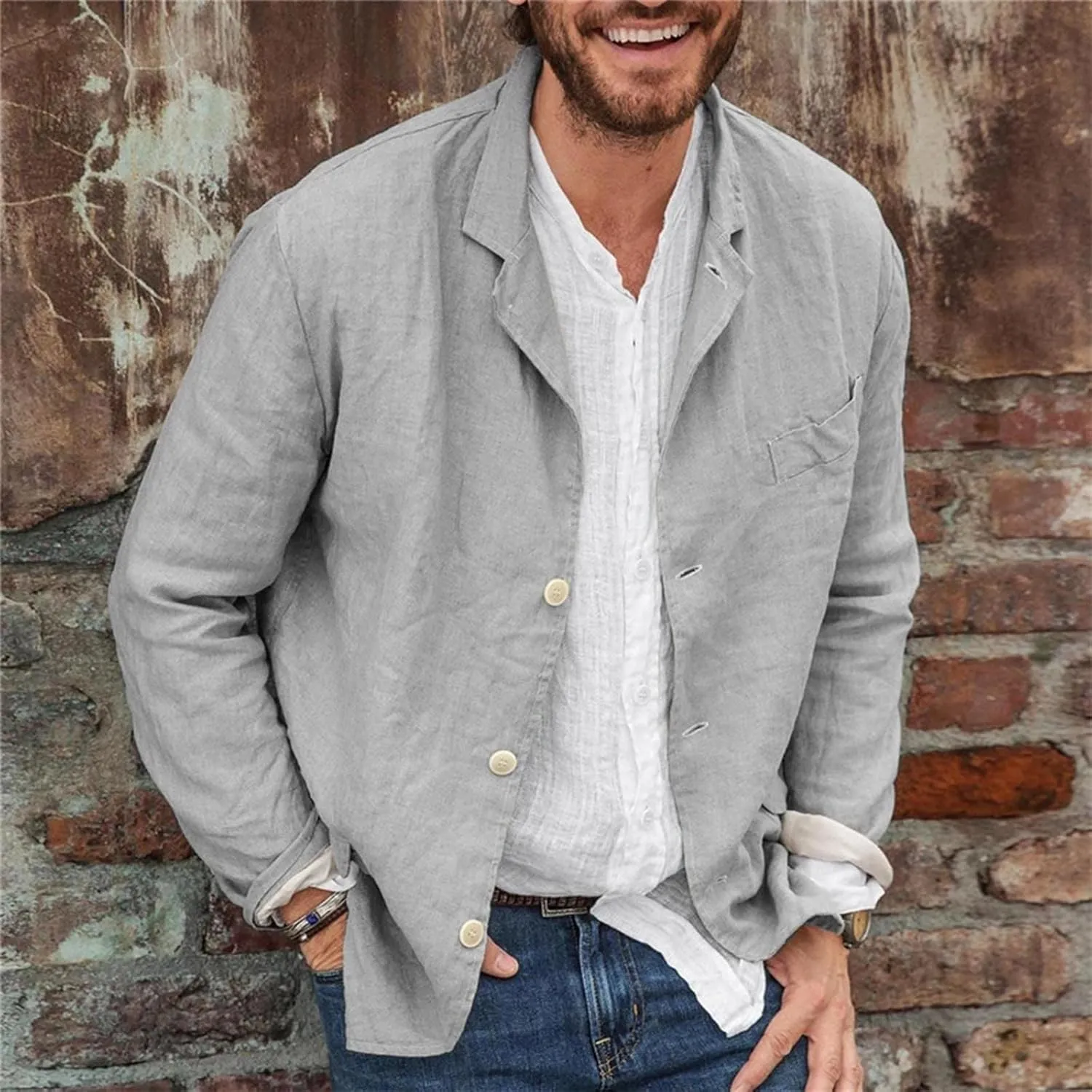 Men's Casual Suit Blazer Jackets Lightweight Linen Notched Collar Tailored Cardigan Tops Single-Breasted Sports Coats