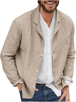 Men's Casual Suit Blazer Jackets Lightweight Linen Notched Collar Tailored Cardigan Tops Single-Breasted Sports Coats
