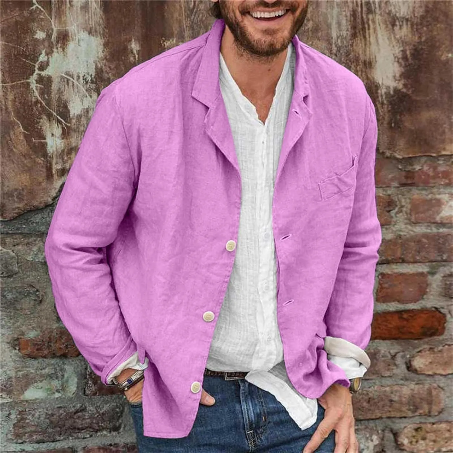 Men's Casual Suit Blazer Jackets Lightweight Linen Notched Collar Tailored Cardigan Tops Single-Breasted Sports Coats