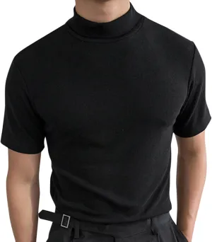 Men's Compression Shirts Mock Neck Sweater Fashion Short Sleeve Turtleneck T Shirt Slim Fit Pullover Thermal Shirts
