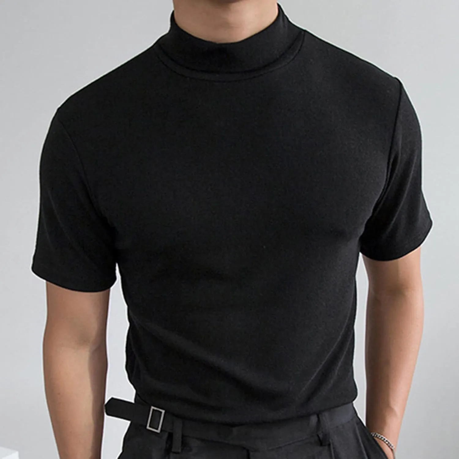 Men's Compression Shirts Mock Neck Sweater Fashion Short Sleeve Turtleneck T Shirt Slim Fit Pullover Thermal Shirts