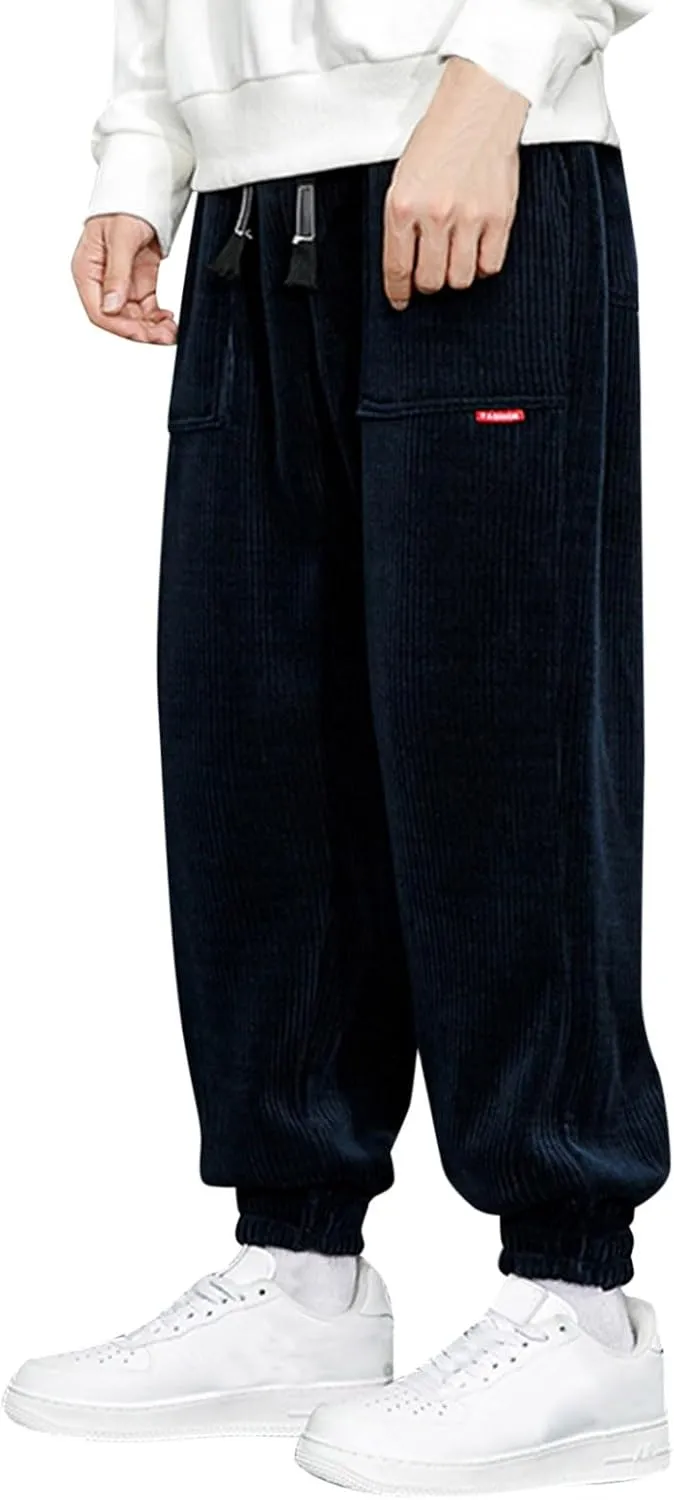 Men's Corduroy Pants Drawstring Elastic Waist Casual Tapered Trousers Fashion Streetwear Joggers Pants with Pockets