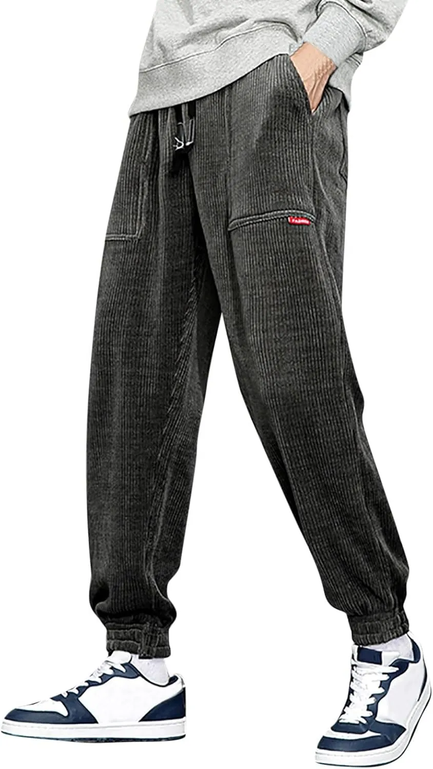 Men's Corduroy Pants Drawstring Elastic Waist Casual Tapered Trousers Fashion Streetwear Joggers Pants with Pockets