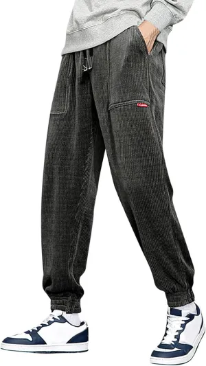Men's Corduroy Pants Drawstring Elastic Waist Casual Tapered Trousers Fashion Streetwear Joggers Pants with Pockets