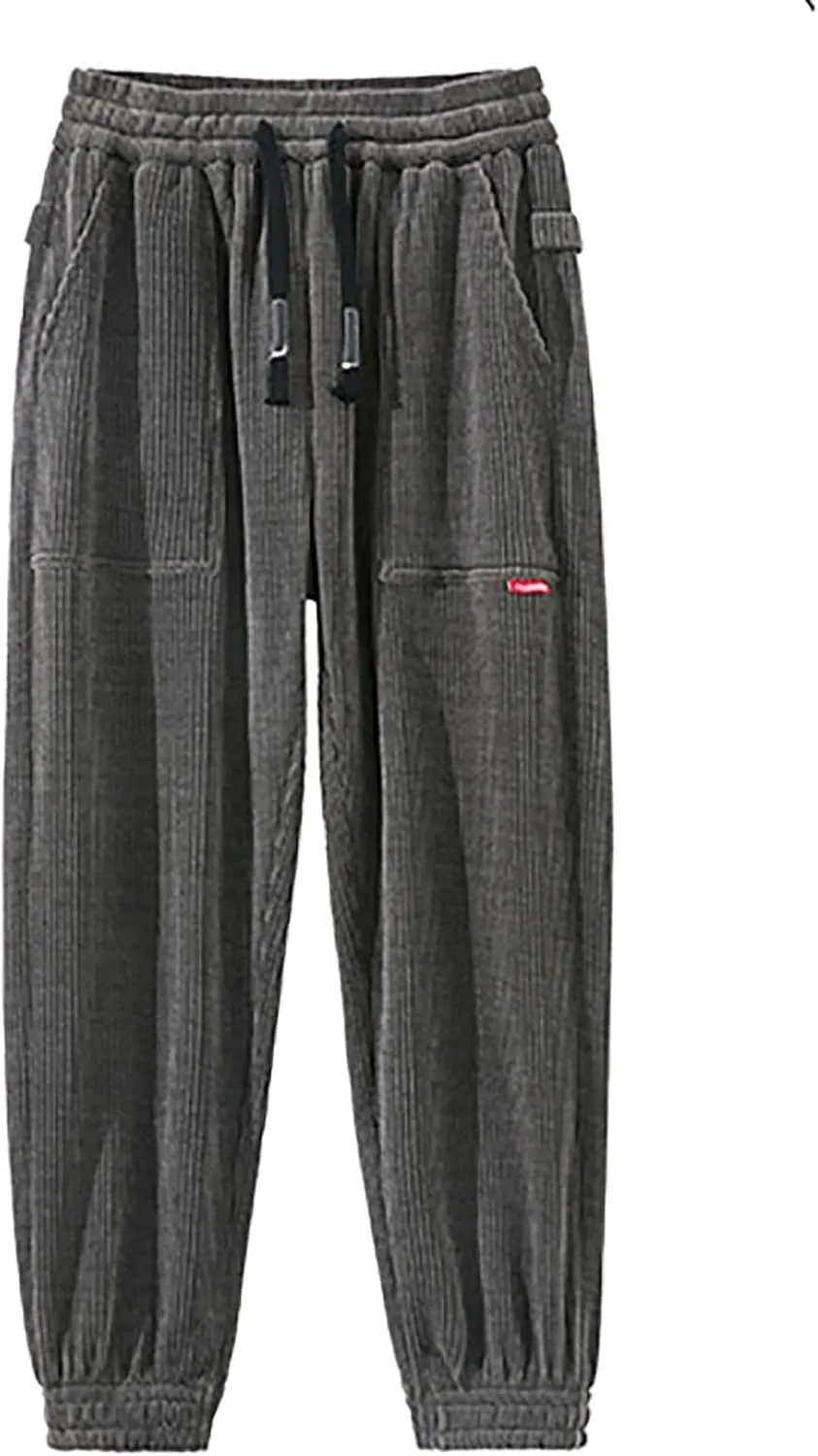 Men's Corduroy Pants Drawstring Elastic Waist Casual Tapered Trousers Fashion Streetwear Joggers Pants with Pockets