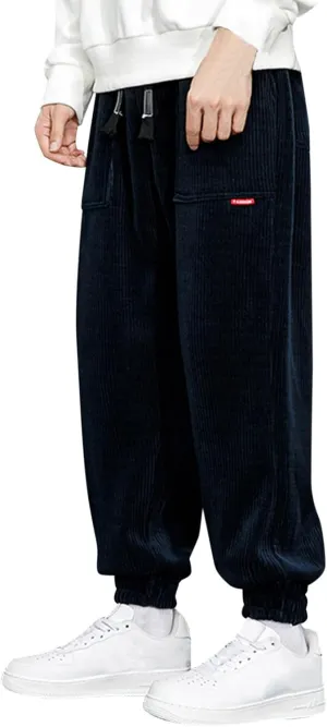 Men's Corduroy Pants Drawstring Elastic Waist Casual Tapered Trousers Fashion Streetwear Joggers Pants with Pockets