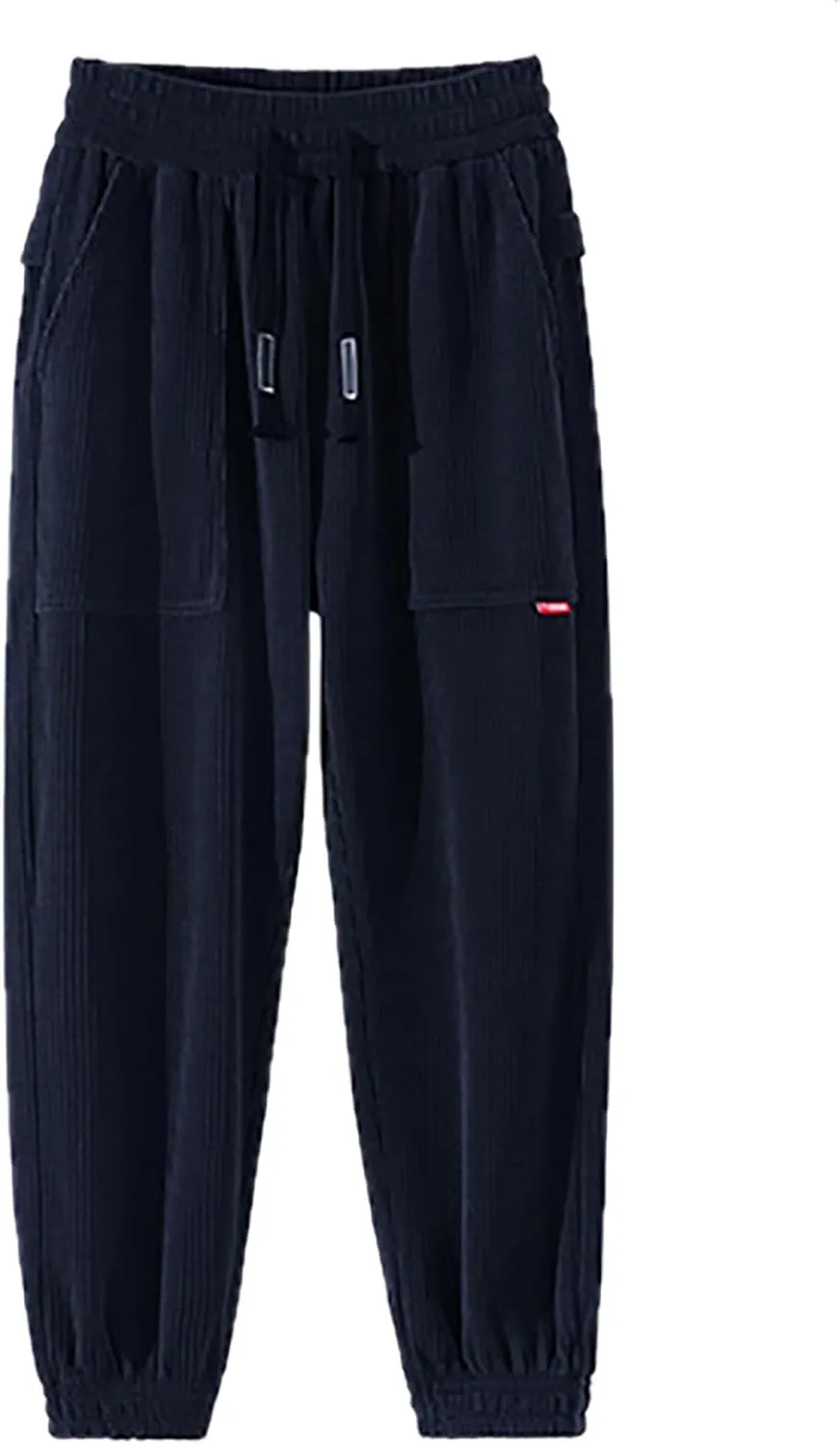 Men's Corduroy Pants Drawstring Elastic Waist Casual Tapered Trousers Fashion Streetwear Joggers Pants with Pockets