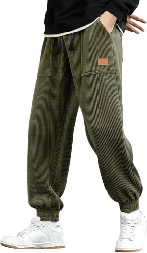 Mens Corduroy Vintage Cargo Sweatpants Long Solid Elastic Waist Casual Pants Hip Hop Harem Pants Fashion Corduroy