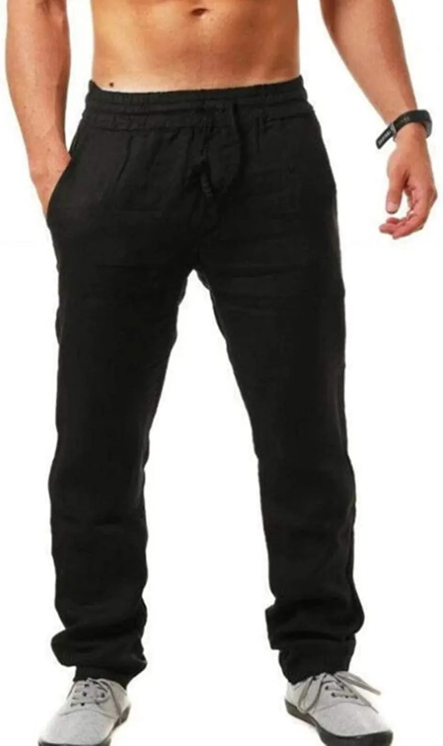 Men's Cotton Linen Pants Breathable Loose Trousers Mens Classic-Fit Casual Trousers Elastic Waist Beach Yoga Pants