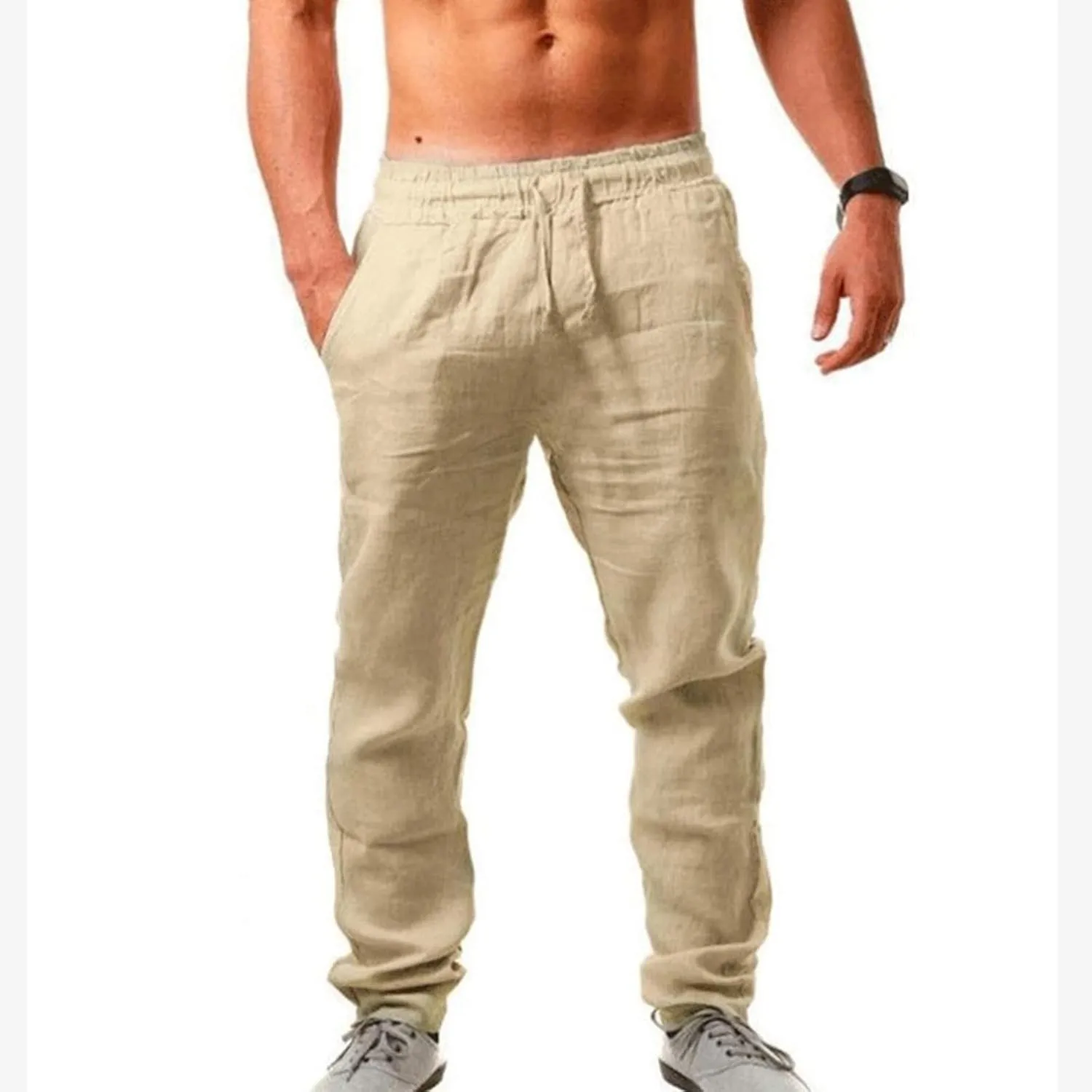 Men's Cotton Linen Pants Breathable Loose Trousers Mens Classic-Fit Casual Trousers Elastic Waist Beach Yoga Pants